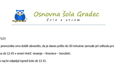 Obvestilo o zamudi avtobusa smer Hotič – Jesenje – Kresnice – Senožeti